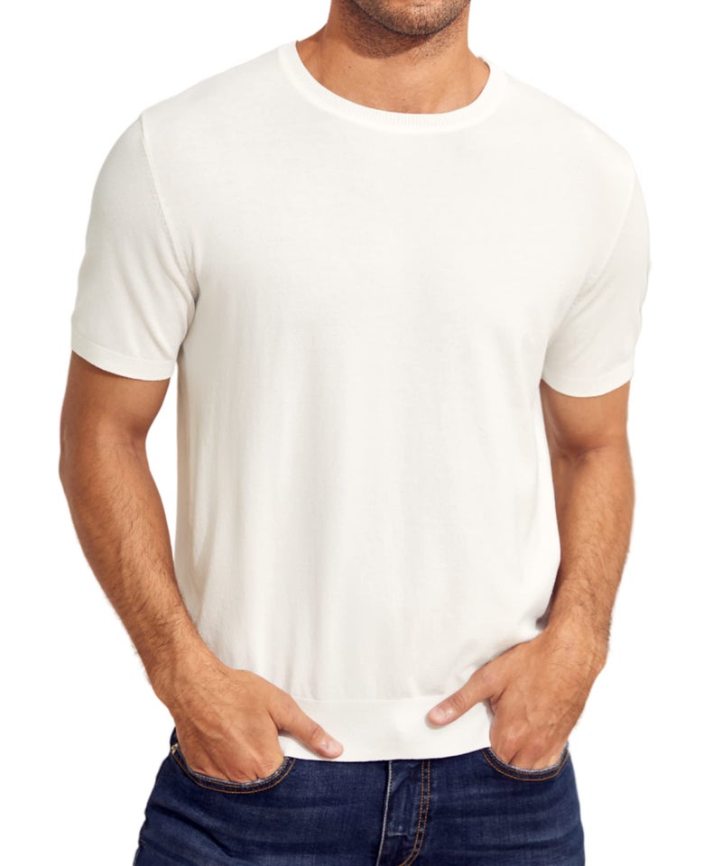 Coutgo Mens Short Sleeve Knit T-Shirts Crew Neck Slim Fit Stretch Pullover Sweater Casual Solid Basic Knitwear White - Image 2
