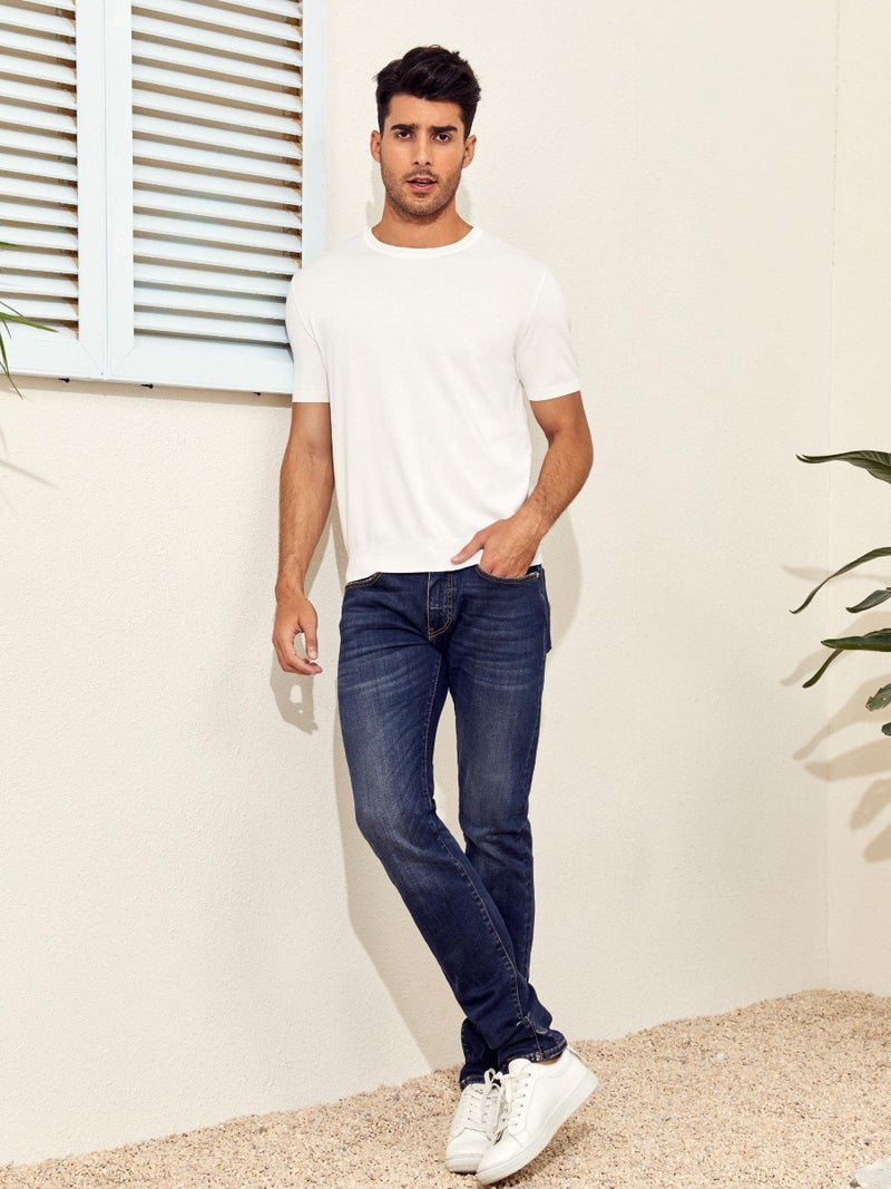 Coutgo Mens Short Sleeve Knit T-Shirts Crew Neck Slim Fit Stretch Pullover Sweater Casual Solid Basic Knitwear White - Image 3