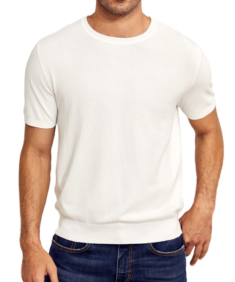 Coutgo Mens Short Sleeve Knit T-Shirts Crew Neck Slim Fit Stretch Pullover Sweater Casual Solid Basic Knitwear White - Image 1
