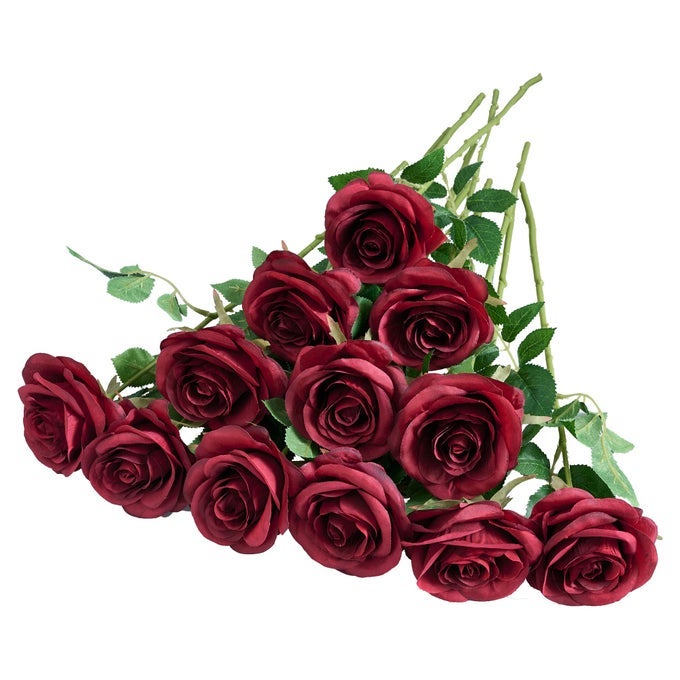 12PCS ROSES ARTIFICIAL FLOWERS FAKE ROSES BURGUNDY SILK ROSES WINE RED SILK FLOWERS ROSE WITH LONG STEMS FOR WEDDING HOME PARTY CENTERPIECES DECORATIONS