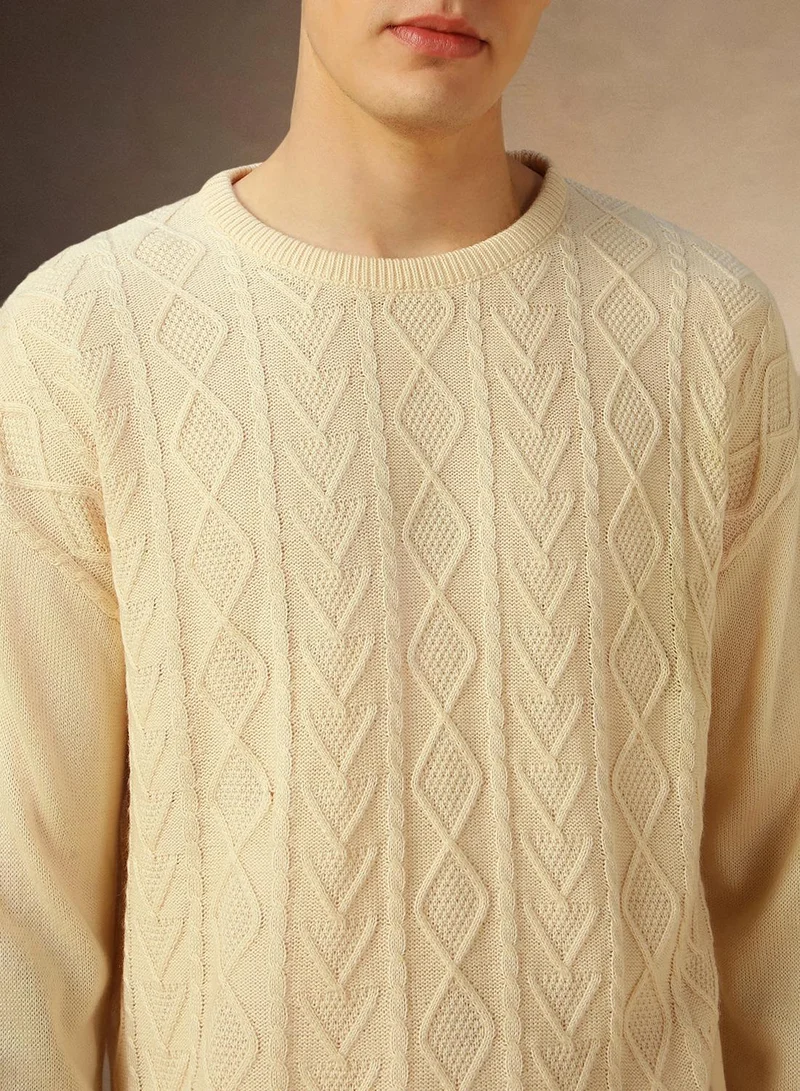 Dennis Lingo Men's Off White 100% Acrylic Solid Regular Fit Sweater