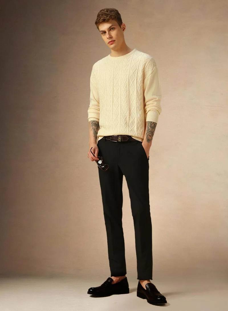 Dennis Lingo Men's Off White 100% Acrylic Solid Regular Fit Sweater