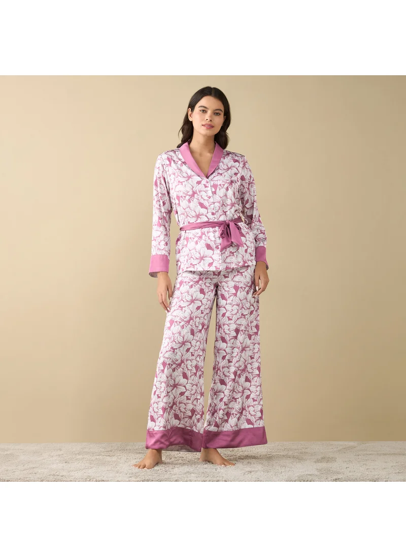 FAV All-Over Floral Print Shirt with Tie-Up and Pyjama Set