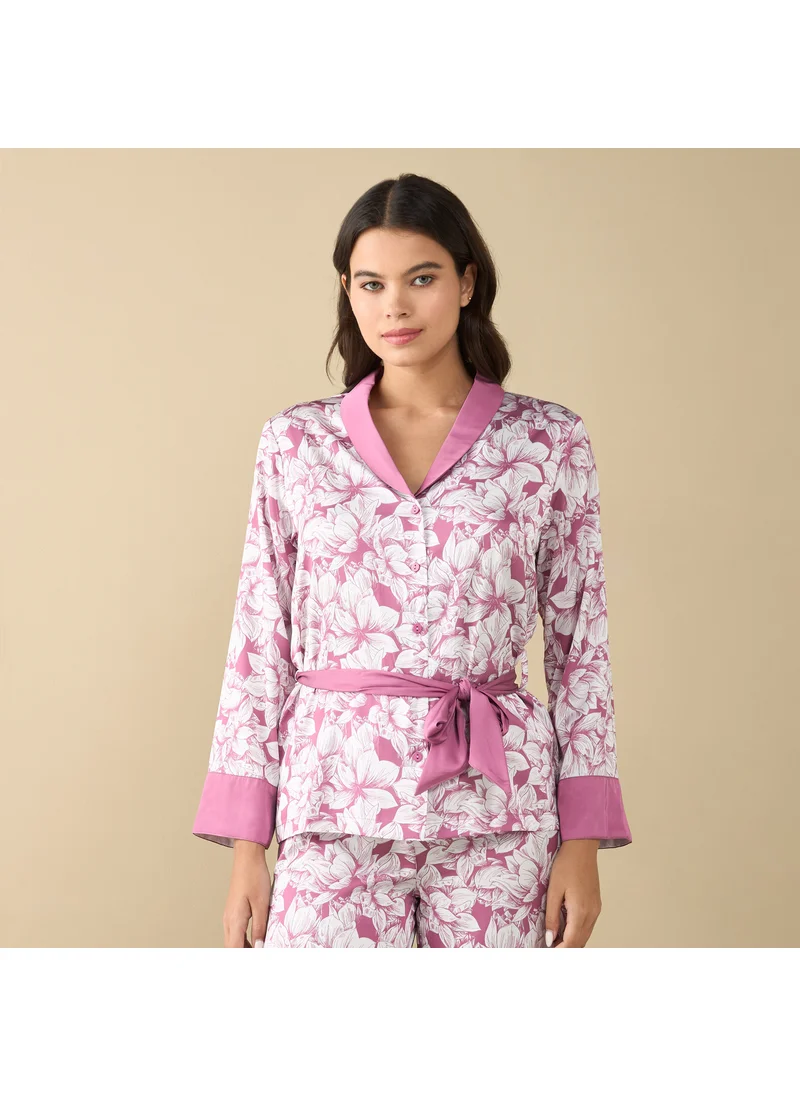 FAV All-Over Floral Print Shirt with Tie-Up and Pyjama Set
