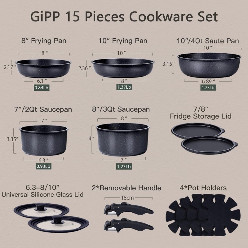 GiPP Ceramic Pots and Pans Set Non Stick, Nonstick Detachable Handle Cookware Sets, Healthy Non Toxic PFAS PFOA & PTFE Free, Dishwasher ï¼†Oven Safe, Induction Kitchen Pot and Pan, 15 Piece Grey - Image 2