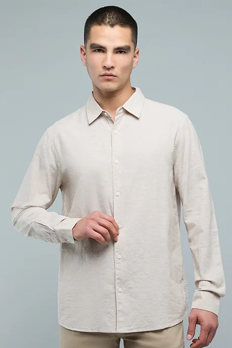 أر أند بي Textured Shirt with Classic Collar and Long Sleeves
