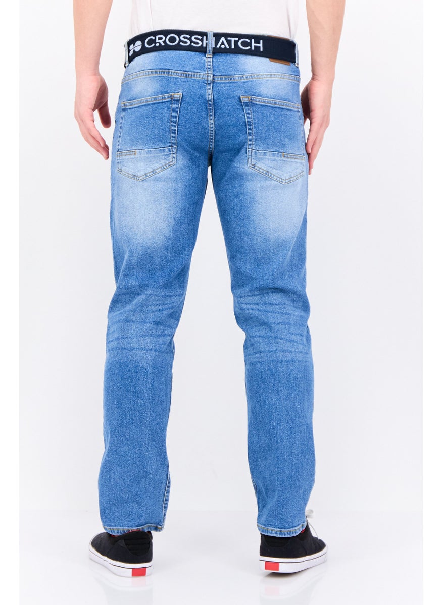 CROSSHATCH Men Regular Fit Belted Washed Denim Jean, Blue  - Image 3