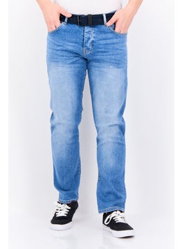 CROSSHATCH Men Regular Fit Belted Washed Denim Jean, Blue  - Image 1