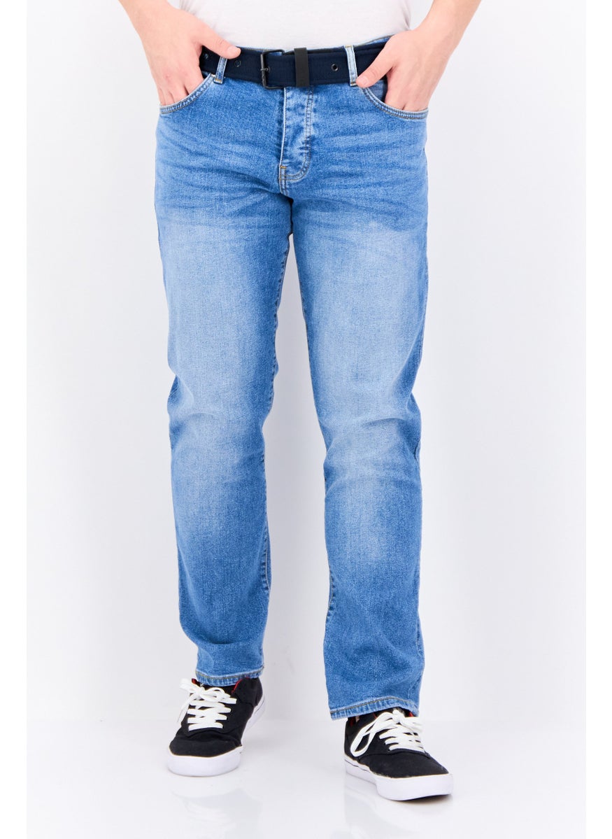CROSSHATCH Men Regular Fit Belted Washed Denim Jean, Blue  - Image 1