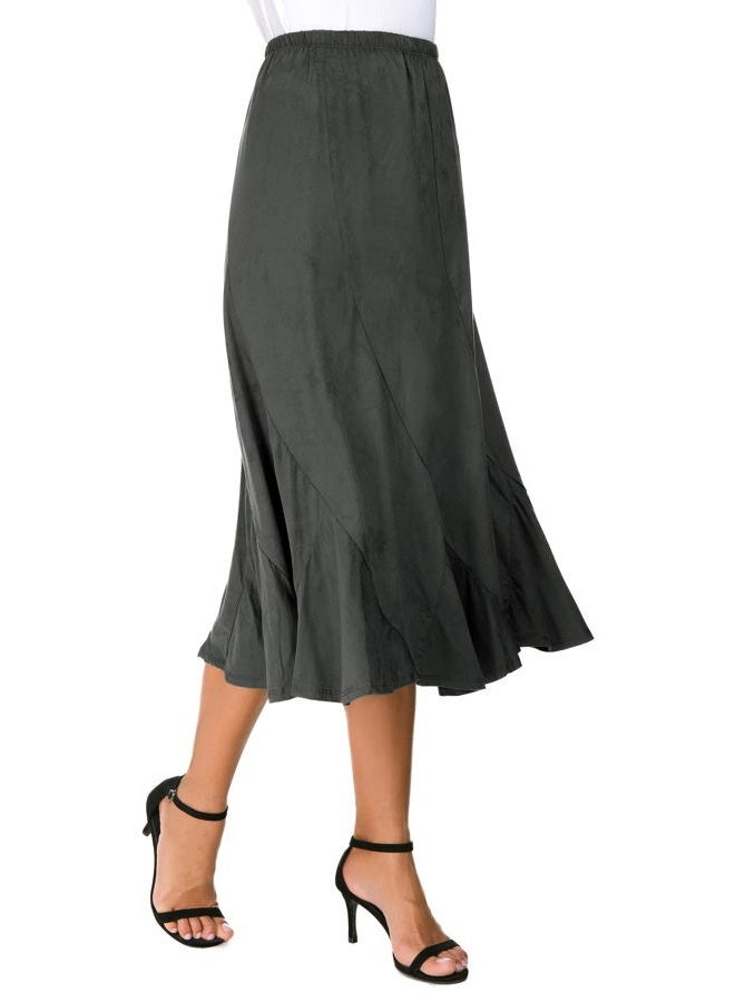 EXCHIC Women's Elegant Ankle Length Ruffle Hem Elastic Waist Suede Midi Skirt, Dark Grey, M - Image 2