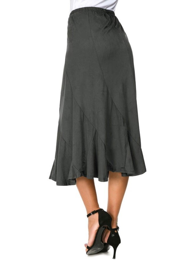 EXCHIC Women's Elegant Ankle Length Ruffle Hem Elastic Waist Suede Midi Skirt, Dark Grey, M - Image 3