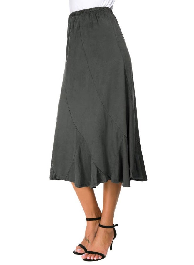 EXCHIC Women's Elegant Ankle Length Ruffle Hem Elastic Waist Suede Midi Skirt, Dark Grey, M - Image 1