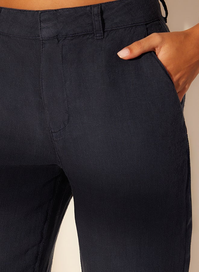 trendyol Navy Blue 100% Linen High Waist Wide Leg Trousers TWOSS24JE00246 - Image 4