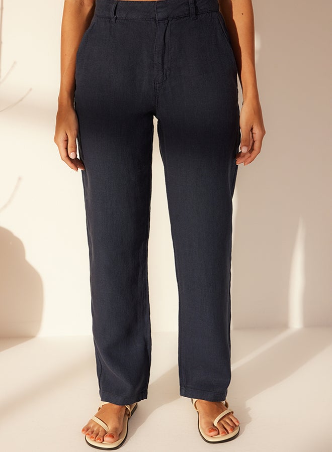 trendyol Navy Blue 100% Linen High Waist Wide Leg Trousers TWOSS24JE00246 - Image 3