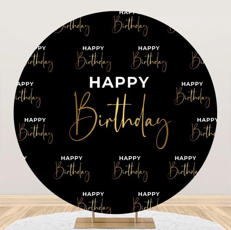 Laeacco 72x72ft Happy Birthday Round Backdrop Black Gold Letters Print Circle Backdrop Cover Luxury Birthday Photography Background for Man Woman Birthday Party Cake Table Decor Portrait Booth Props - Image 2