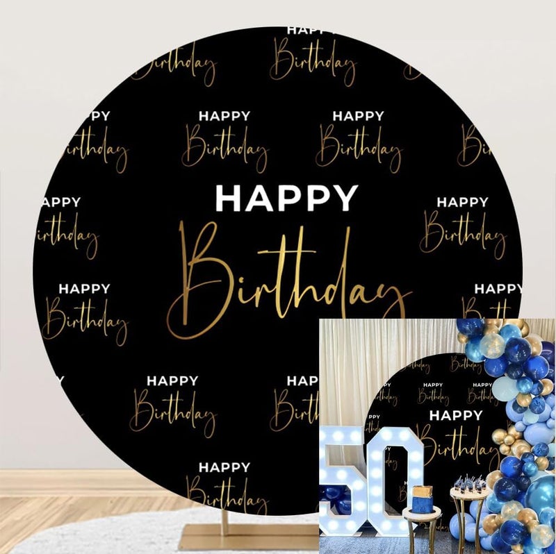 Laeacco 72x72ft Happy Birthday Round Backdrop Black Gold Letters Print Circle Backdrop Cover Luxury Birthday Photography Background for Man Woman Birthday Party Cake Table Decor Portrait Booth Props - Image 1
