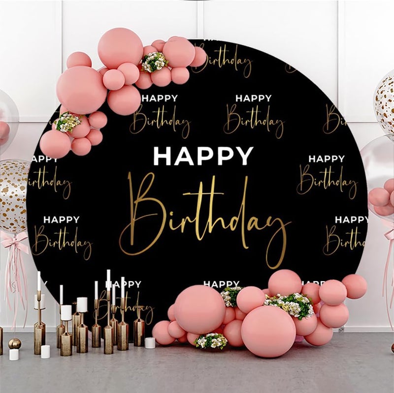 Laeacco 72x72ft Happy Birthday Round Backdrop Black Gold Letters Print Circle Backdrop Cover Luxury Birthday Photography Background for Man Woman Birthday Party Cake Table Decor Portrait Booth Props - Image 4