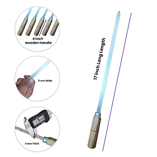 BnoSpace Stainless Steel Flat Kabab Sticks | Barbeque Skewers | BBQ Skewers Set | BBQ Sticks Patti, Metal Grilling Skewer | Wooden Handle for Making Kabob (Kebab Stick 17 inch) - Image 3