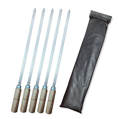 BnoSpace Stainless Steel Flat Kabab Sticks | Barbeque Skewers | BBQ Skewers Set | BBQ Sticks Patti, Metal Grilling Skewer | Wooden Handle for Making Kabob (Kebab Stick 17 inch) - Image 1
