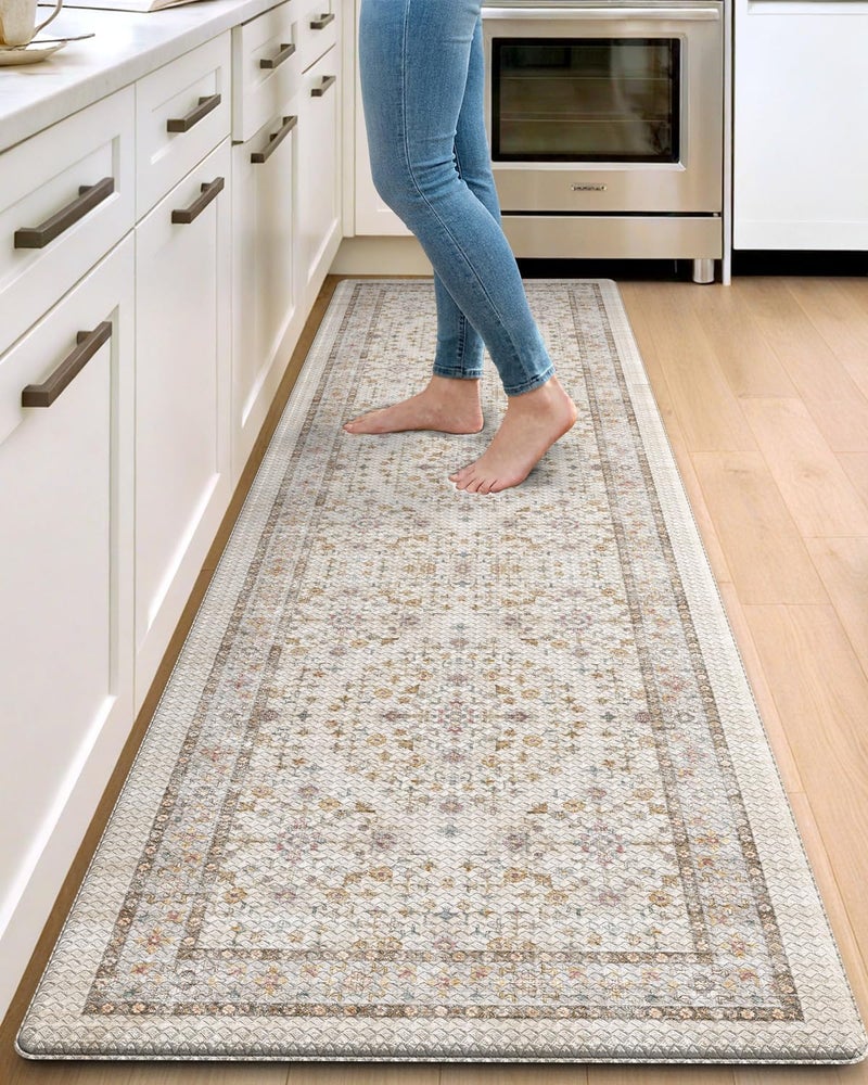 DEXI Kitchen Floor Mats Cushioned Anti Fatigue, 23x86 Long Wide Standing Comfort Runner Rug, Waterproof Retro Floral Memory Foam Padded for Front Sink Laundry, Beige/Ivory - Image 1