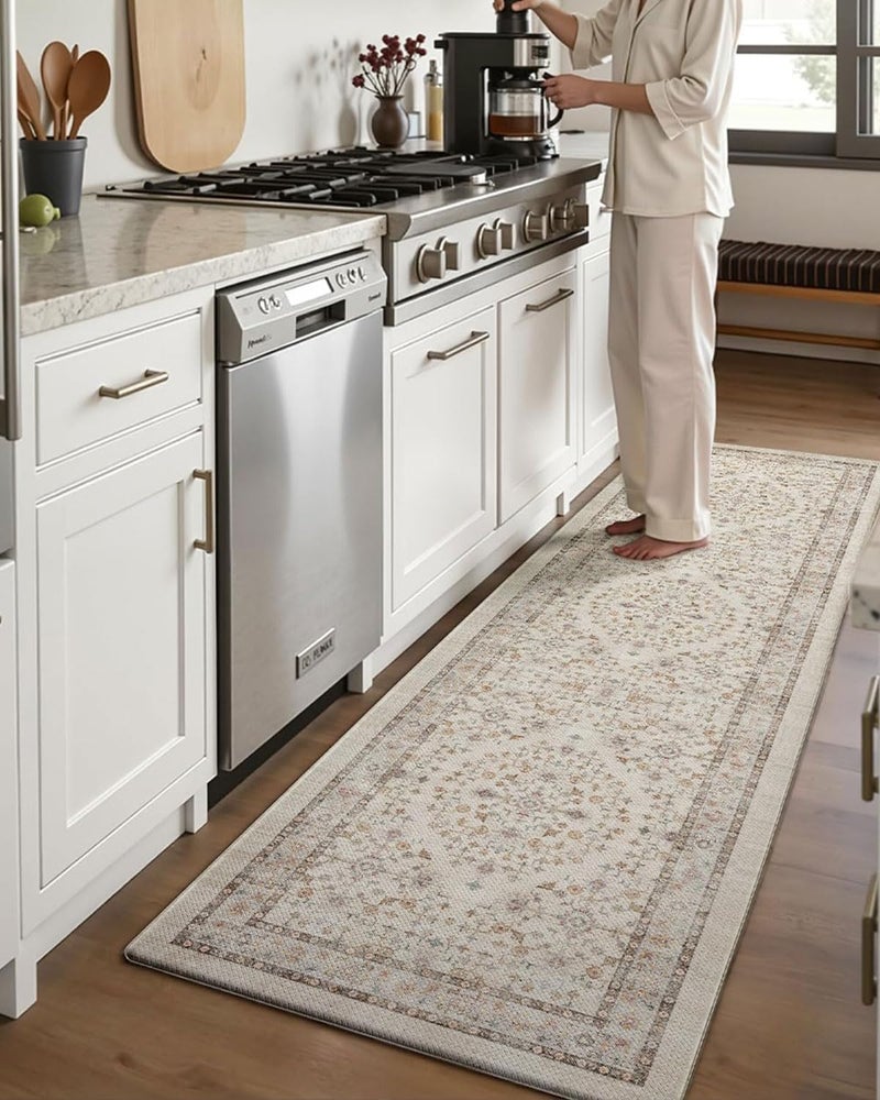 DEXI Kitchen Floor Mats Cushioned Anti Fatigue, 23x86 Long Wide Standing Comfort Runner Rug, Waterproof Retro Floral Memory Foam Padded for Front Sink Laundry, Beige/Ivory - Image 3