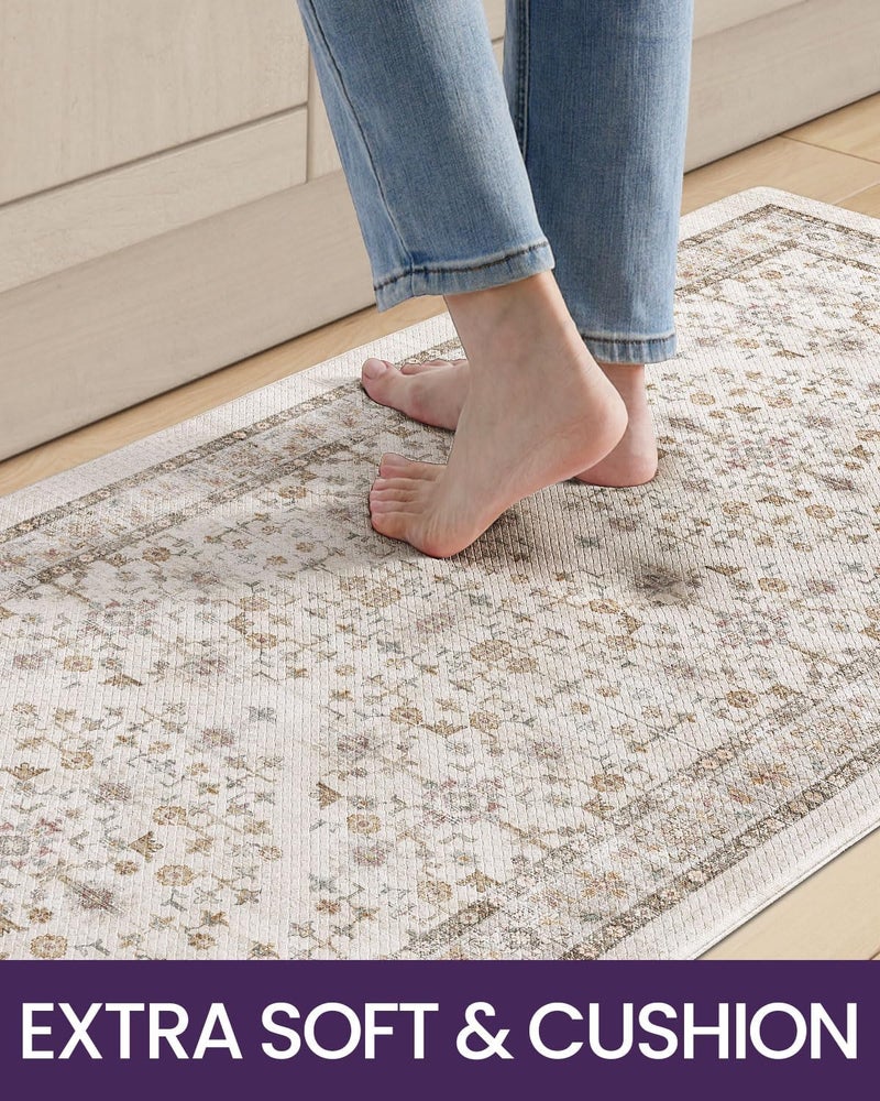 DEXI Kitchen Floor Mats Cushioned Anti Fatigue, 23x86 Long Wide Standing Comfort Runner Rug, Waterproof Retro Floral Memory Foam Padded for Front Sink Laundry, Beige/Ivory - Image 4