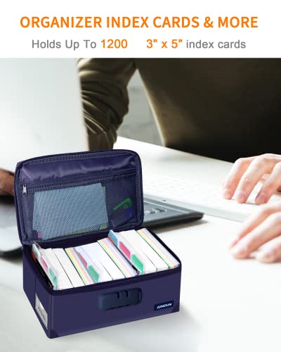 JUNDUN Index Card Holder with Lock,Collapsible Fireproof Index Card Box fits 1200 3x5-Inch Flash Cards - Business, Recipe, or Note Card Storage Boxes - Blue - Image 3