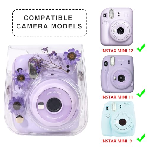 WOGOZAN Case for Fujifilm Mini 12/11 / 9/8 Instant Camera Protective Bag with Transparent Shoulder Strap(Real Flower - Purple)(No Camera) - Image 4