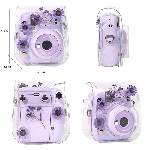 WOGOZAN Case for Fujifilm Mini 12/11 / 9/8 Instant Camera Protective Bag with Transparent Shoulder Strap(Real Flower - Purple)(No Camera) - Image 5