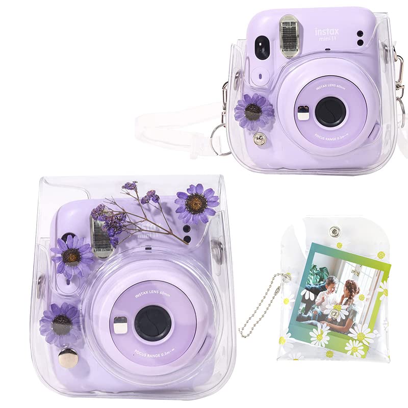 WOGOZAN Case for Fujifilm Mini 12/11 / 9/8 Instant Camera Protective Bag with Transparent Shoulder Strap(Real Flower - Purple)(No Camera) - Image 1