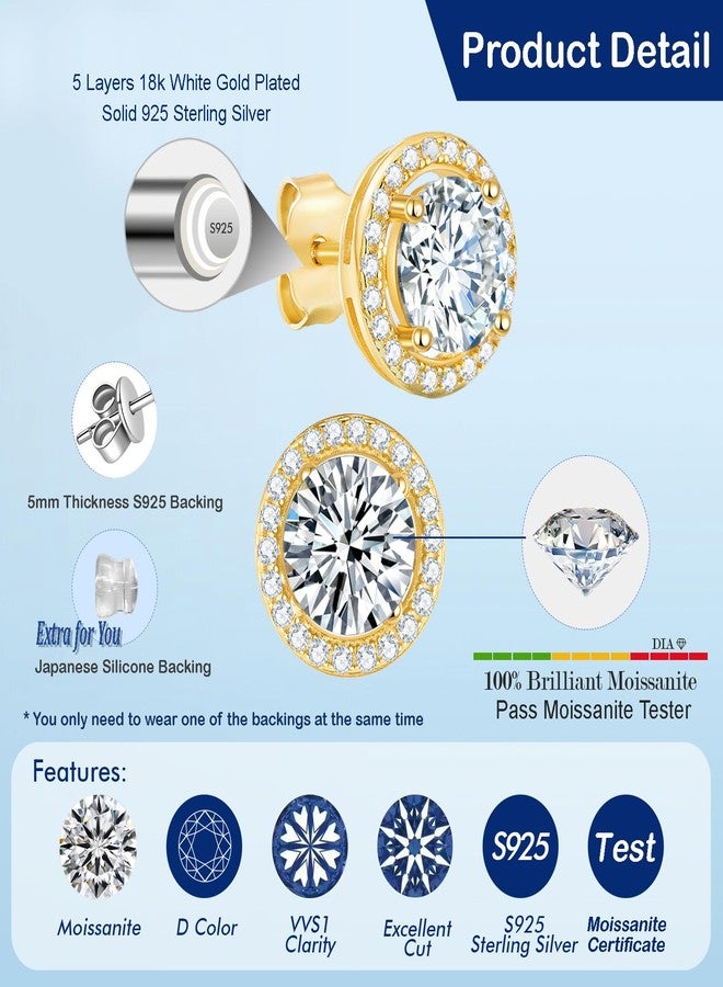 SecreTalk 3-4ct Moissanite Stud Earrings for Women - 925 Sterling Silver DF Color Ideal Cut Lab Created Diamond Earrings with Certificate of Authenticity (2 Carat, Halo Round Gold Plated) - Image 3