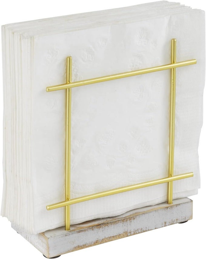 METAL NAPKIN HOLDER WITH SHABBY WHITEWASHED SOLID WOOD BASE DINING TABLE SQUARE NAPKIN AND COCKTAIL SERVIETTE DISPENSER RACK KITCHEN AND DINING ACCESSORIES