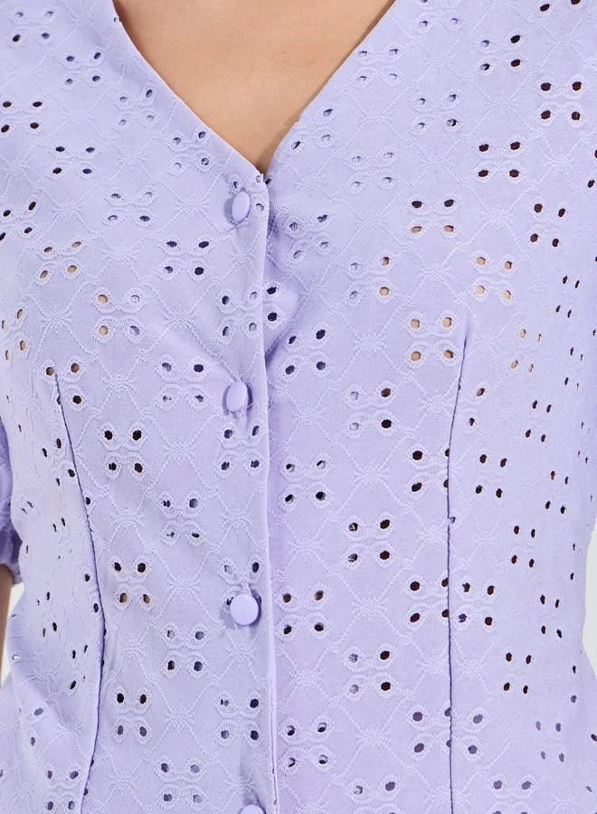 Styli Schiffli V Neck Top with Puff Sleeves