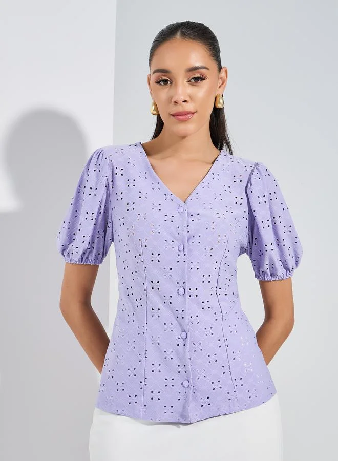 Styli Schiffli V Neck Top with Puff Sleeves