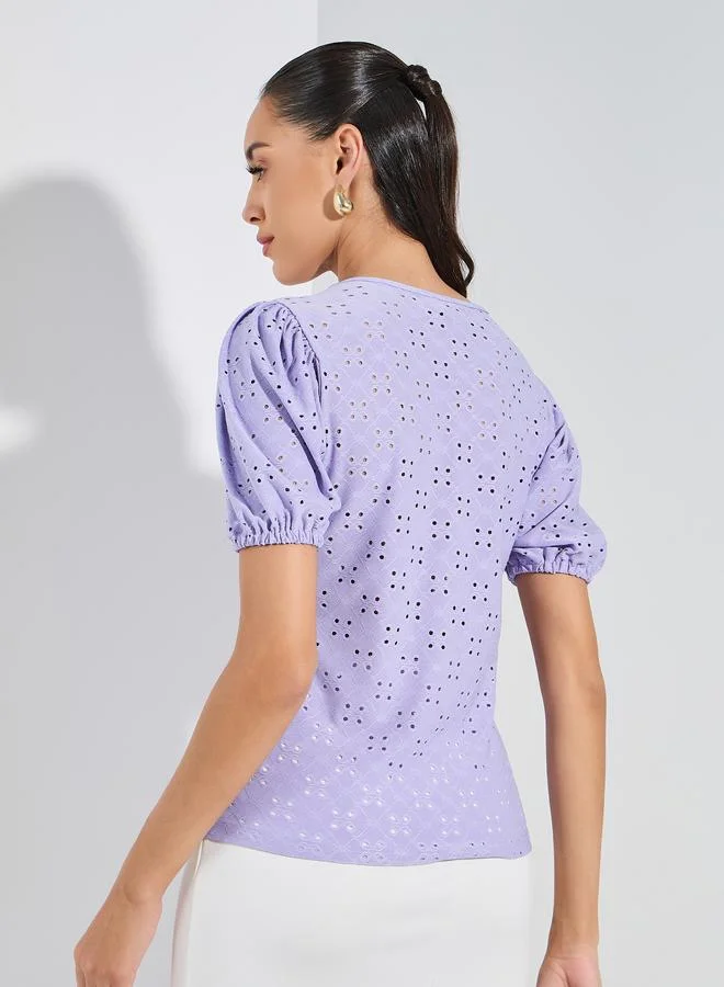 Styli Schiffli V Neck Top with Puff Sleeves