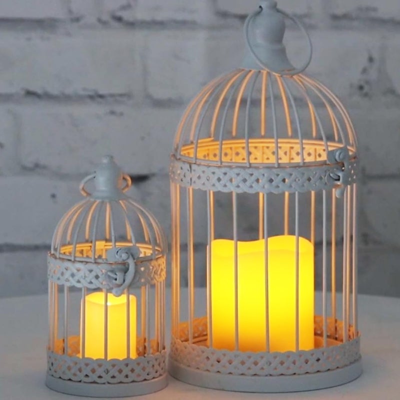 Vela Lanterns Bird Cage Decor Candle Holder Lantern Decorative Wedding Table Centerpiece Decorations, 10" and 6" Tall, White, Set of 2 - Image 2