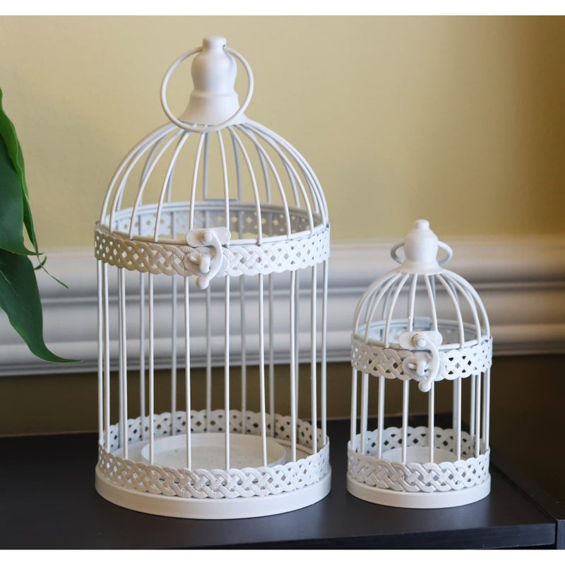 Vela Lanterns Bird Cage Decor Candle Holder Lantern Decorative Wedding Table Centerpiece Decorations, 10" and 6" Tall, White, Set of 2 - Image 1