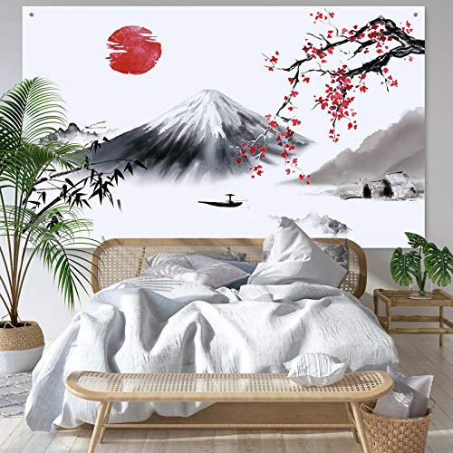 Sumind Japanese Wall Hanging Photo Banner Asian Mount Fuji Red Sun Backdrop Japanese Landscape Nature Background for Party Wall Home Decorations, 72.8 x 43.3 Inch - Image 1