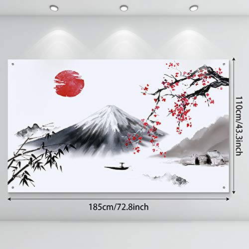 Sumind Japanese Wall Hanging Photo Banner Asian Mount Fuji Red Sun Backdrop Japanese Landscape Nature Background for Party Wall Home Decorations, 72.8 x 43.3 Inch - Image 2