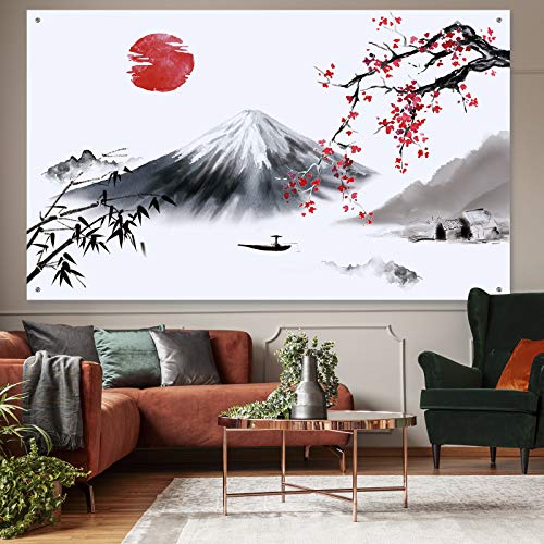 Sumind Japanese Wall Hanging Photo Banner Asian Mount Fuji Red Sun Backdrop Japanese Landscape Nature Background for Party Wall Home Decorations, 72.8 x 43.3 Inch - Image 4