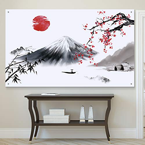 Sumind Japanese Wall Hanging Photo Banner Asian Mount Fuji Red Sun Backdrop Japanese Landscape Nature Background for Party Wall Home Decorations, 72.8 x 43.3 Inch - Image 5