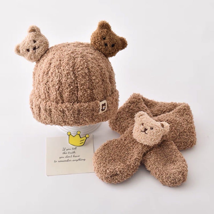 Baby hat autumn and winter plush scarf two-piece set baby boys and girls bear cute warm thickened baby hat White  - Image 4