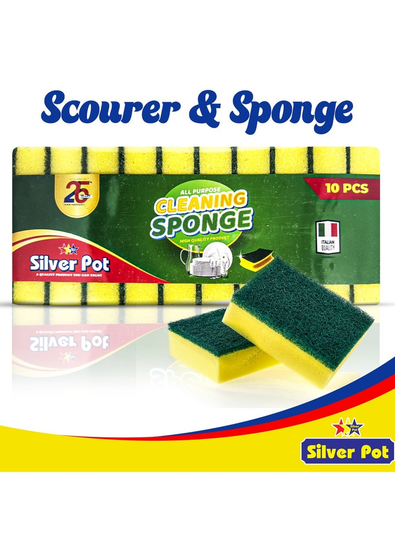 Silver Pot Kitchen Sponge & Scourer – Pack of 10, 12cm Dual-Purpose Cleaning Sponge for Pots, Pans, Kitchen Utensils, and Delicate Surfaces  - Image 2