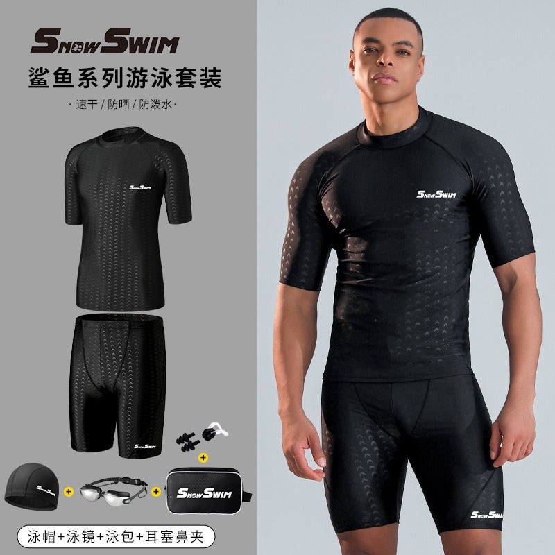 SnowSwim Men's Shark Skin Swim Trunks Quick-Dry Swimming Shorts with Goggles Running Fitness Swim Gear - Image 3