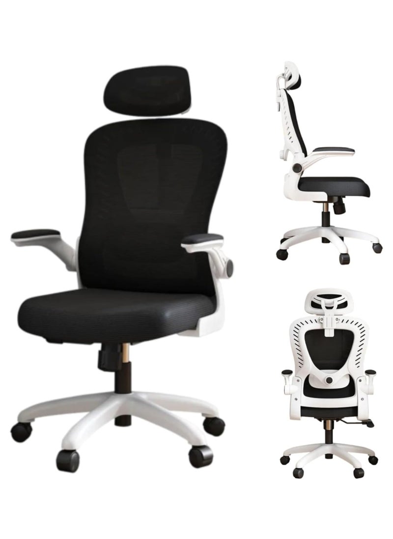 CityRiya-Long - Ergonomic Home Office Chair Computer Chair Gaming Chair with Ergonomic Armrests and Mesh Back with Wheels Mid Back Task Chair with Lumbar Support, White - Image 1