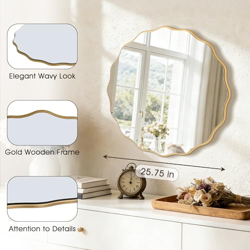 Meolyx 26" Wavy Mirror Scalloped Farmhous Modern Wood Farme Mirror Wall Decor for Bathroom Entryway Living Room Bedroom Hallway - Image 2