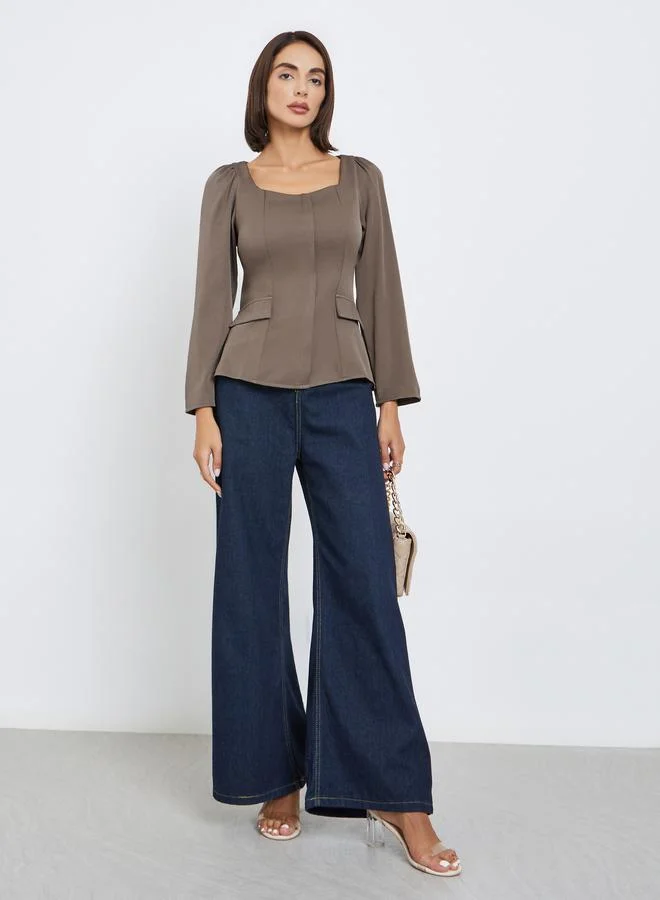 Styli Brown Sweetheart Neck Blouse