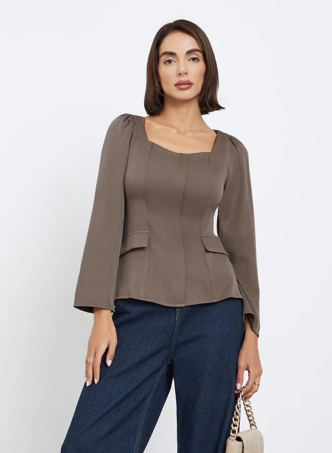 Styli Brown Sweetheart Neck Blouse