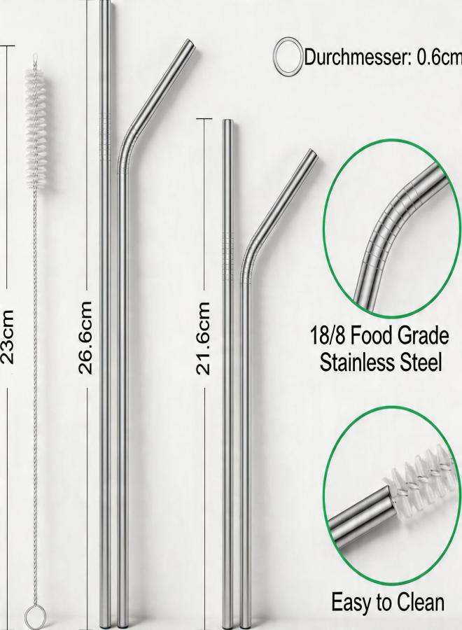Vinaco Edelstahl Strohhalme Wiederverwendbar: 12 Stück BPA-frei Spülmaschinenfest - Metallstrohhalme 21.6 & 26.6 cm Gerade Gebogen 0.6 cm für 20-32 oz Tumbler inklusive Reinigungsbürste - Image 3