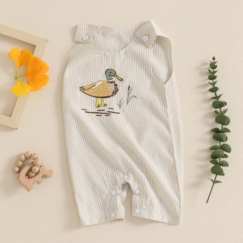 Amnnchya Newborn Baby Boy Girl Clothes Stripes Sleeveless Romper Infant Embroidery Bodysuit Cute Summer Spring Outfit (Apricot Duck Outfit, 3-6 Months) - Image 3